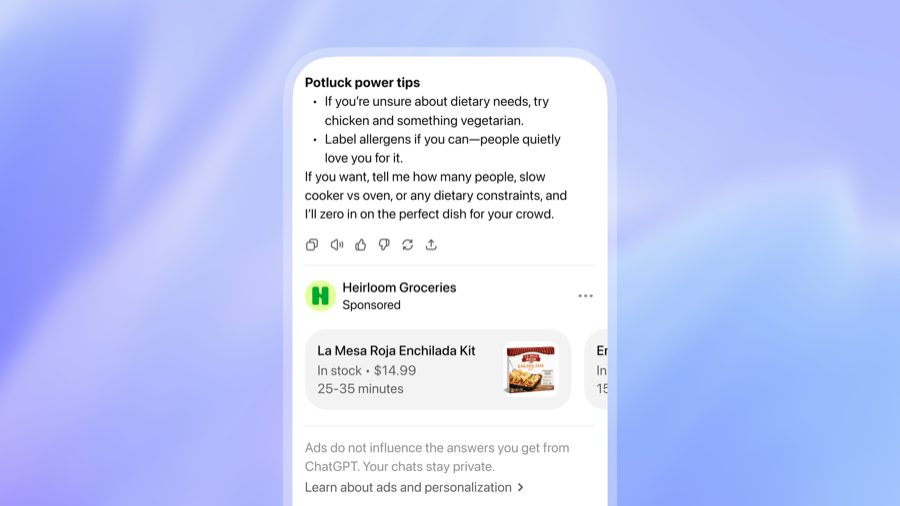A sponsored ad card below a ChatGPT answer