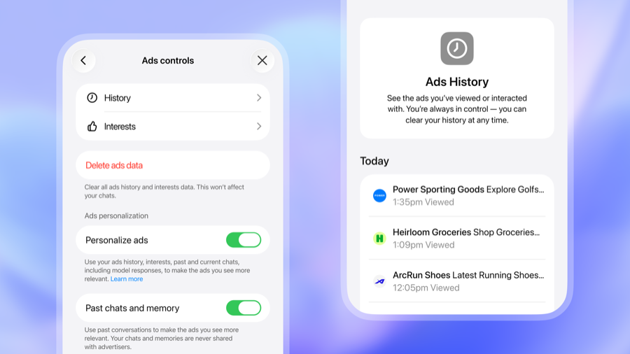 ChatGPT ad settings and history screens