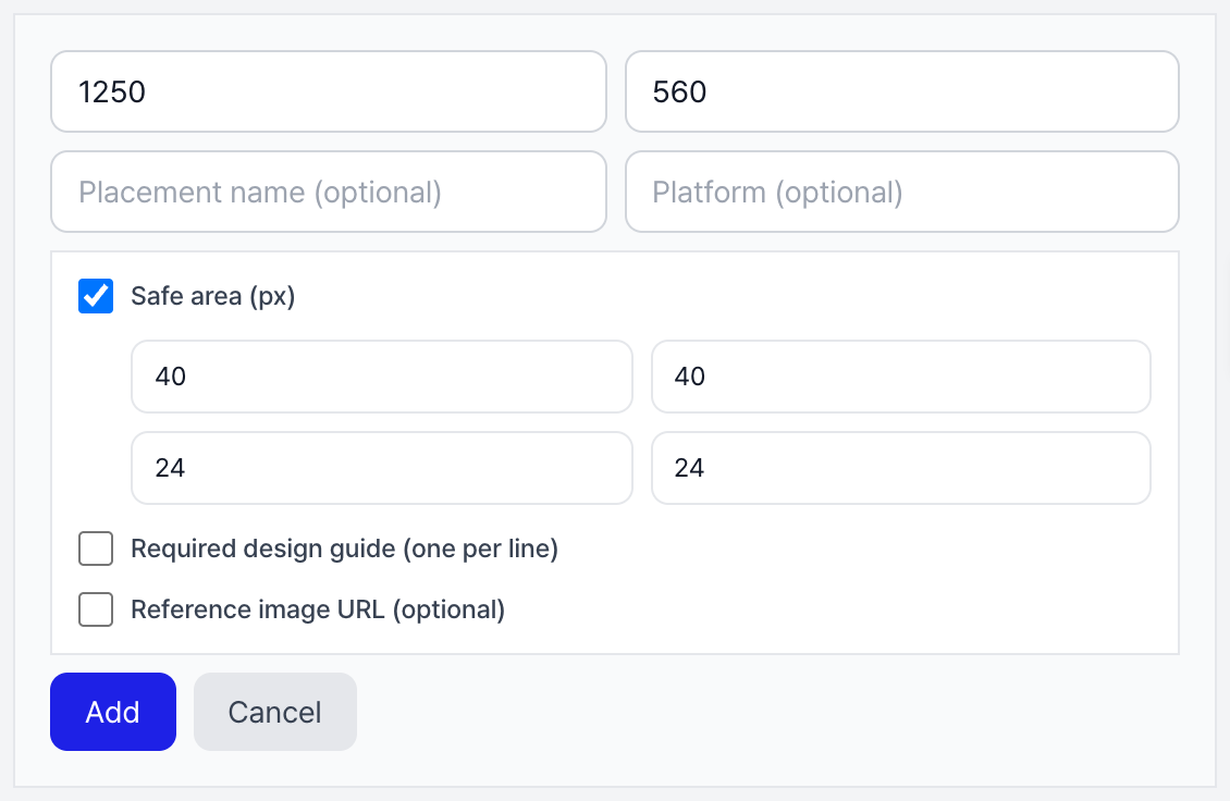 Entering top/bottom/left/right safe-zone margins when adding a custom size